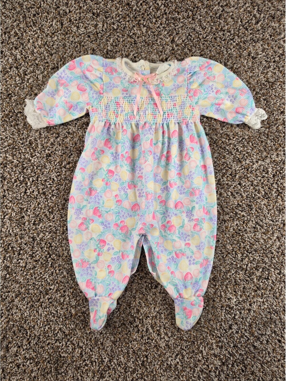 Vtg 1990s Carters Baby Girls Sz 3-6M Pastel Smocked Bubble Romper Fruit Print